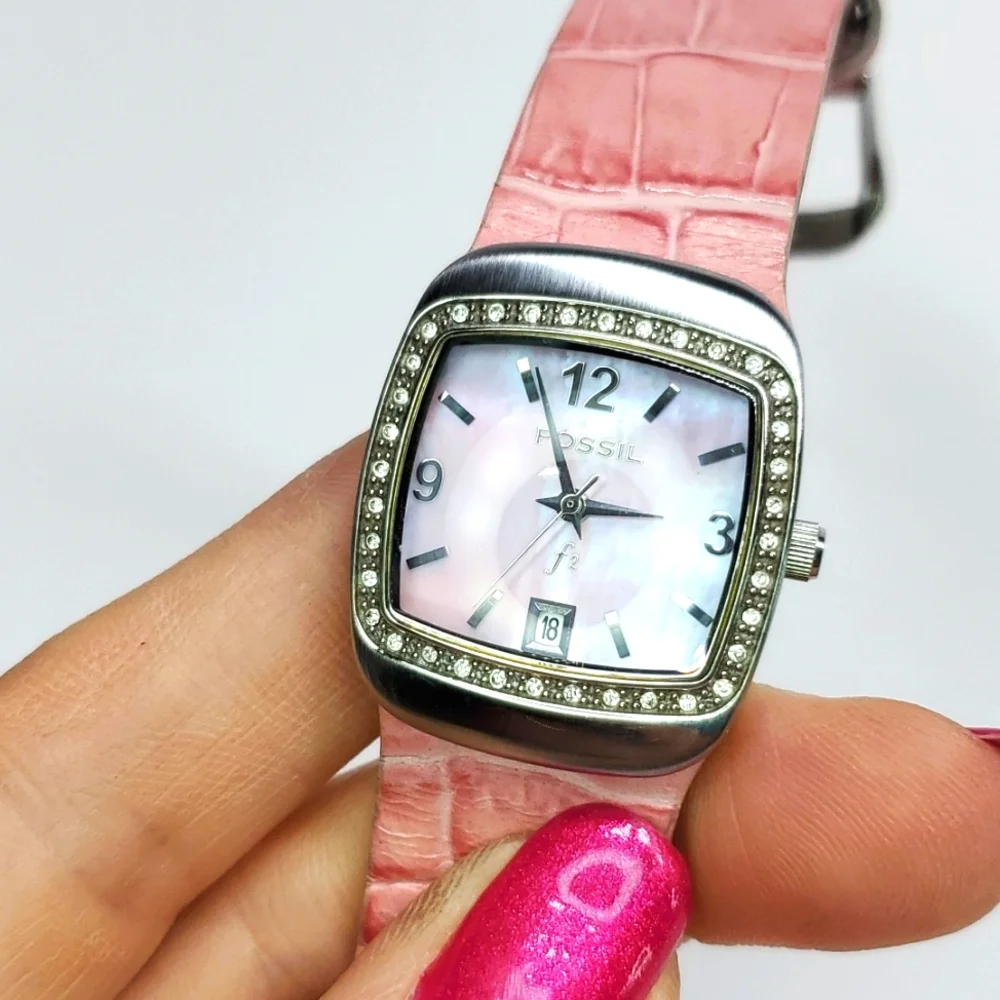 Vintage Fossil Watch F² ES9720 Salmon Leather Wristband Pink Mother of Pearl